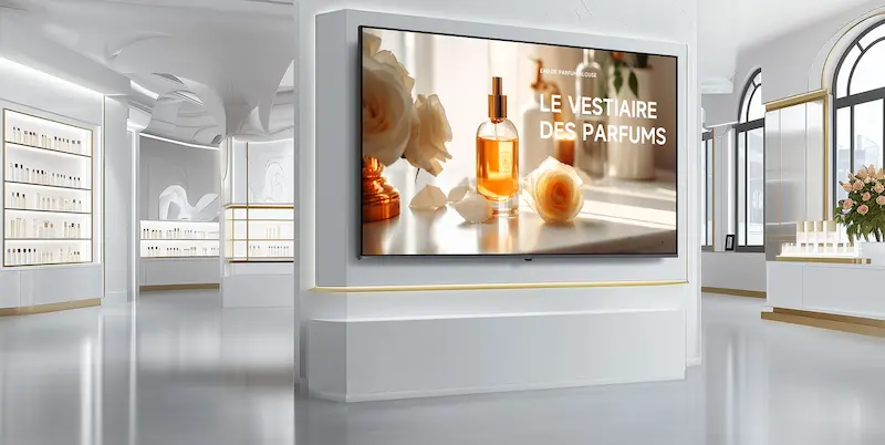 Yüksək səviyyəli ətriyyat mağazasında, divara inteqrasiya edilmiş Horion displeyində göstərilən premium ətir reklamı.