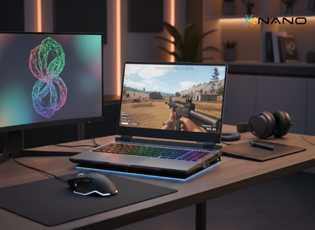 RGB klaviaturalı oyun noutbuku, əlavə monitor, siçan və qulaqlıqdan ibarət tam oyunçu (gamer) mühiti.