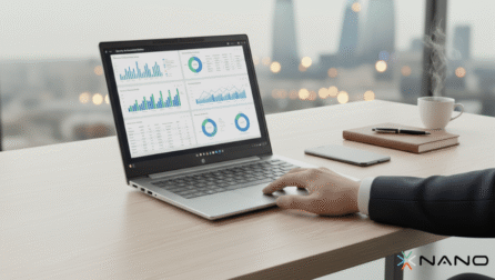 HP ProBook noutbukları ilə analitik qrafiklərə baxan iş adamı.