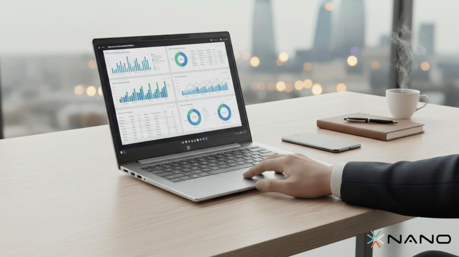 HP ProBook noutbukları ilə analitik qrafiklərə baxan iş adamı.