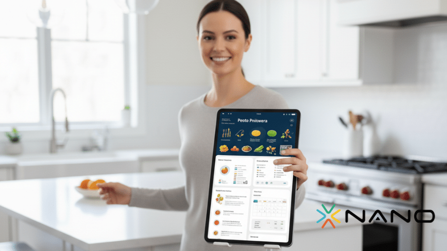 Xanım mətbəxdə resept üçün interaktiv mobil tabletdən istifadə edir.
