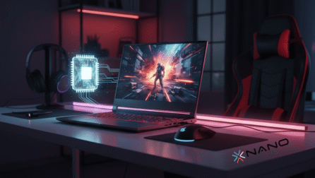 Neon işıqlı masada, holoqrafik GPU ilə birlikdə təqdim olunan güclü oyun noutbuku.