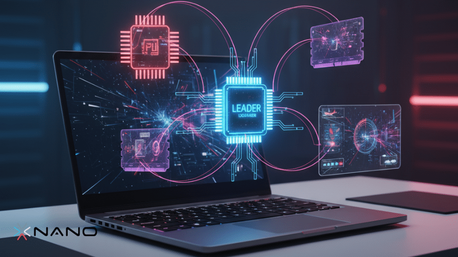 Güclü oyun noutbuku; ətrafında ahənglə parlayan holoqrafik GPU, CPU və RAM komponentləri ilə.