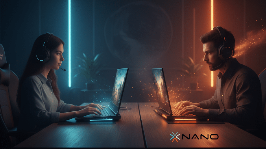 İki oyunçu, fərqli performans səviyyələrini göstərən (biri nazik, biri güclü) oyun noutbukları ilə yan-yana oyun oynayır.