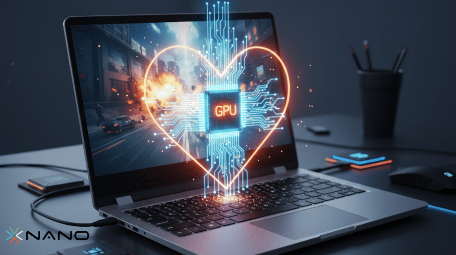 GPU-nun performansın əsl ürəyi olduğunu simvolizə edən parlayan ürək şəkilli aura ilə əhatə olunub.