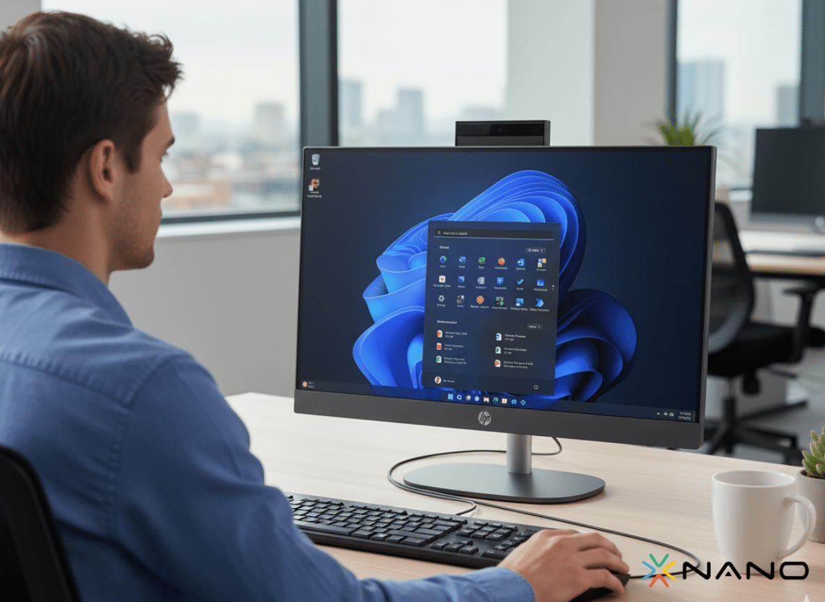 Ofis şəraitində stolda əyləşmiş bir kişi All-in-One kompüterindən istifadə edir