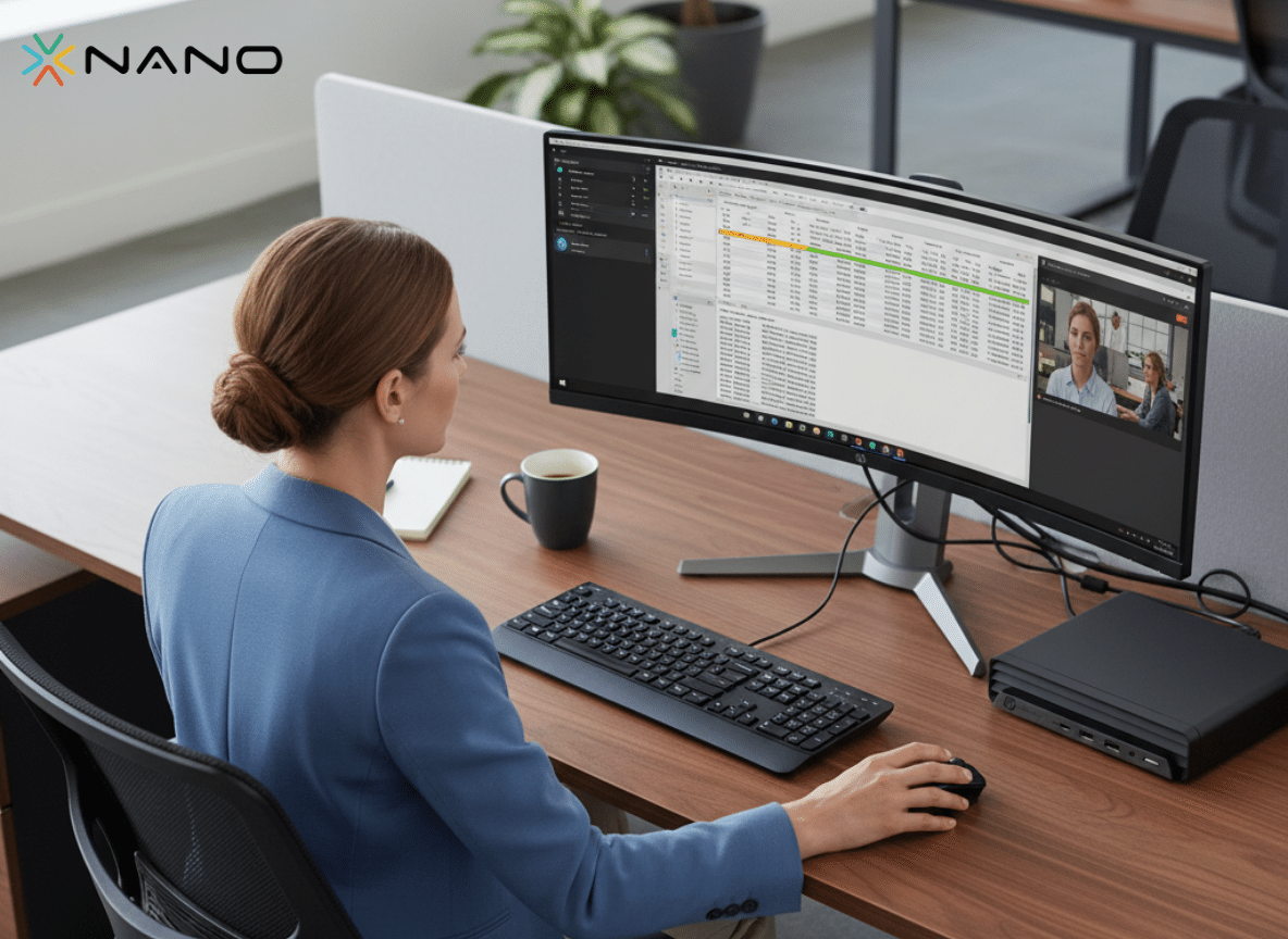 Ofisdə işləyən bir qadın, masasında HP Pro Mini 400 G9 PC (937X4EA) kompüteri ilə işləyir.