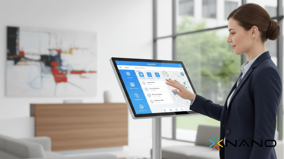 Reception əməkdaşı şirkətə gələn qonaqları qarşılamaq üçün interaktiv mobil tabletdə məlumatları nümayiş etdirir.
