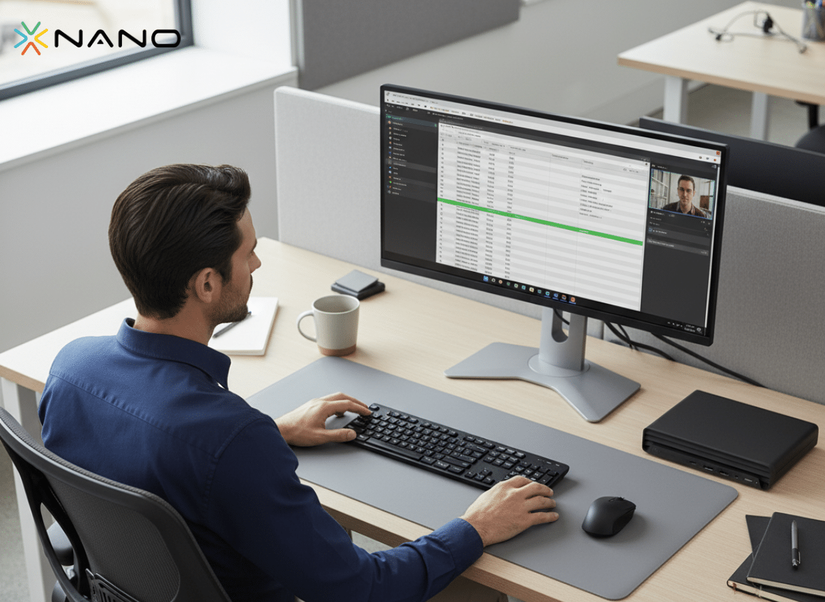 Ofisdə, masanın arxasında HP Pro Mini 400 G9 PC (997Y9ET) ilə işləyən şəxs.