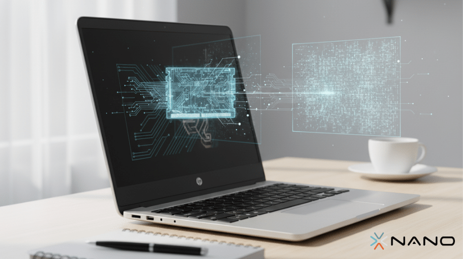 Təmiz iş masası üzərində RAM və SSD komponentlərinin mücərrəd təsvirləri ilə birlikdə müasir noutbuk.