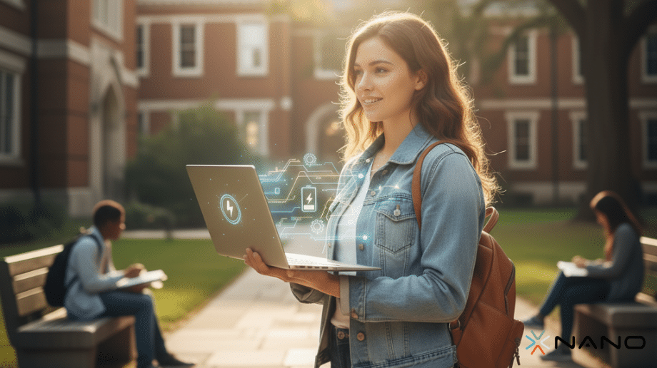 Günəşli universitet kampusunda portativ noutbukla gəzən gənc tələbə, məhsuldarlığı simvolizə edir.