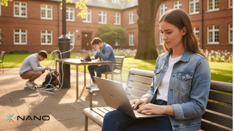 Günəşli universitet həyətində enerji kabelinə ehtiyac duymadan noutbukda işləyən tələbə, batareyanın uzun ömrünü nümayiş etdirir.