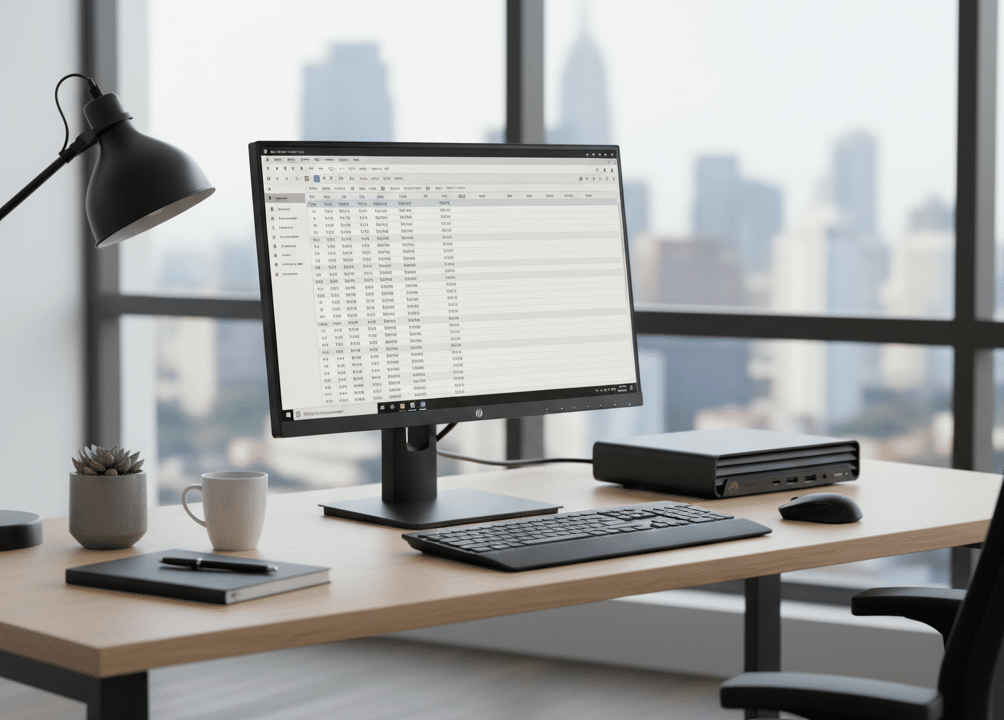 HP Pro Mini 400 G9 PC-nin kompakt dizaynı ilə yaradılmış səliqəli və minimalist iş masası.