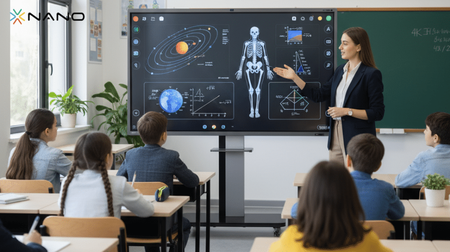 Müasir sinifdə müəllim "Horion" interaktiv lövhəsində elmi dərs keçir.