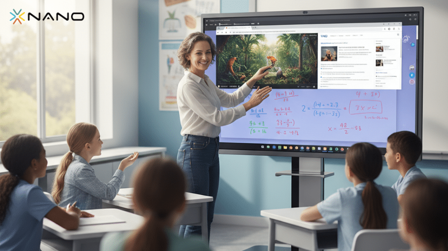 Horion ağıllı lövhədə çoxlu tətbiqi eyni anda istifadə edərkən şagirdlər diqqətlə izləyir.