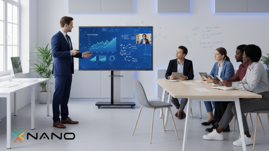 Bu şəkil interaktiv lövhə seçimi ilə biznes, təhsil və texnologiyanın birləşdiyi hibrid mühiti təsvir edir.